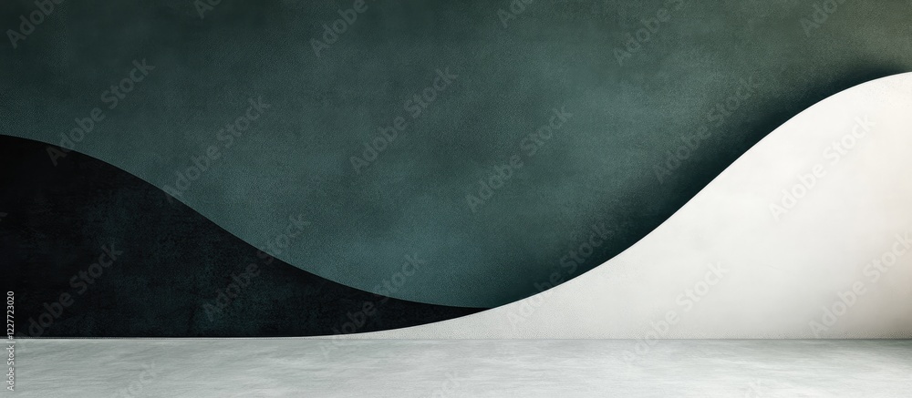 Poster abstract minimalistic geometric waves in black and white on a dark gray and deep green wall with emp