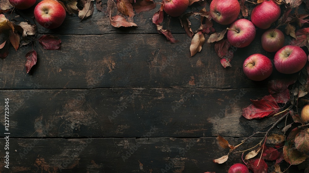 Aufkleber rustic dark wooden table adorned with vibrant red and pink apples surrounded by autumn leaves perfec