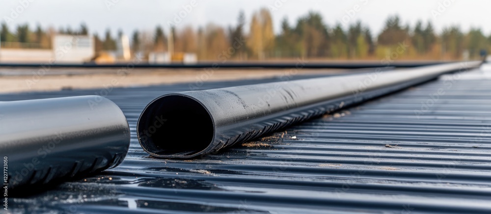 Poster engineers installing pvc roof drainage system outdoors with clear sky and empty space for text on a 