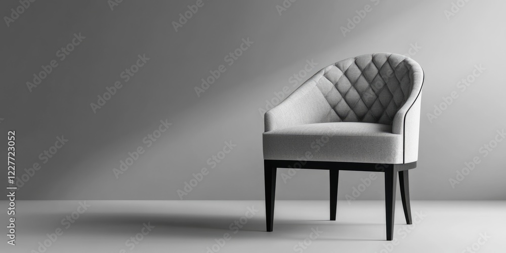 Poster elegant grey upholstered chair in a minimalist decor setting with ample copy space for text or brand