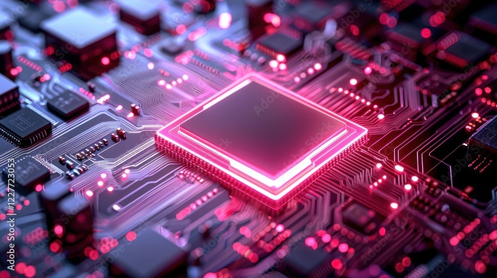 Poster close-up view of a glowing microprocessor on a circuit board with intricate connections and lights