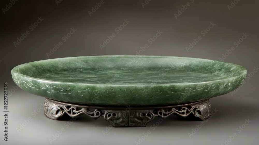 Poster elegant jade platter featuring a minimalist design with a smooth surface and intricate base, perfect