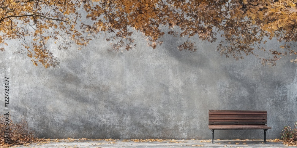 Poster lonely bench in serene autumn park surrounded by fallen leaves and soft light with space for text or