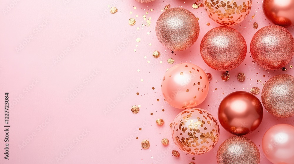 Poster rose gold balloons on a pastel pink background creating a festive atmosphere ideal for celebrations 