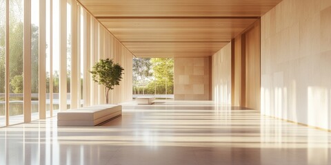 Fototapeta premium Elegant minimalist hall with wooden furnishings and ample natural light showcasing contemporary design and empty space for text placement.