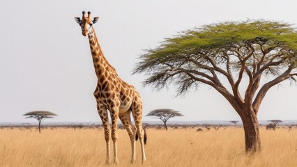 Fototapeta premium a solitary giraffe stands majestically against the African savannah