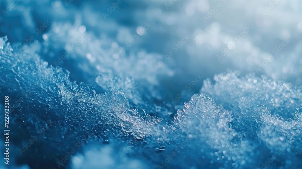 Aufkleber Close up of intricate ice texture on a frozen river with blue hues and soft snow creating a serene winter atmosphere ideal for text overlay