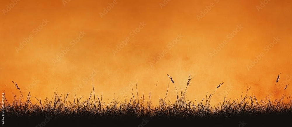 Poster black silhouette of dry grass against a smoky orange sunset background creating a moody atmosphere w