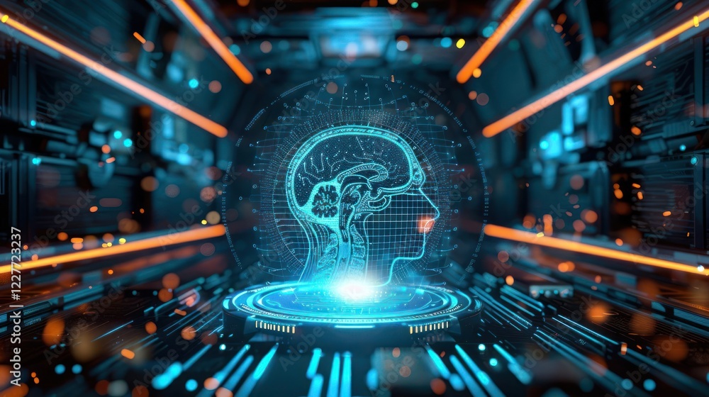 Poster futuristic digital representation of a human brain with glowing elements in a sci-fi environment