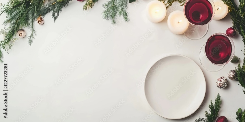 Poster elegant holiday table setting with candles red wine glasses branches and empty space for text on a l
