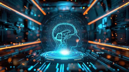 Futuristic digital representation of a human brain with glowing elements in a sci-fi environment