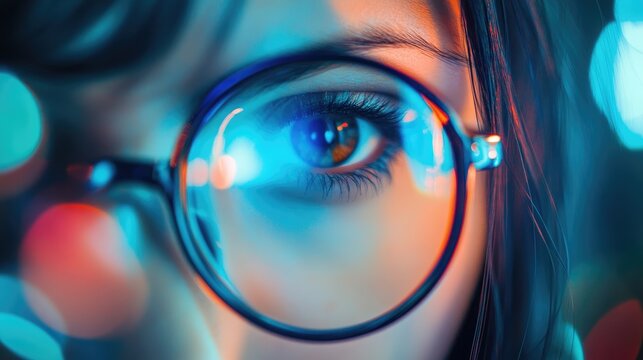 Close-up of a person's eye with glasses reflecting colorful lights symbolizing digital marketing and SEO optimization concepts.