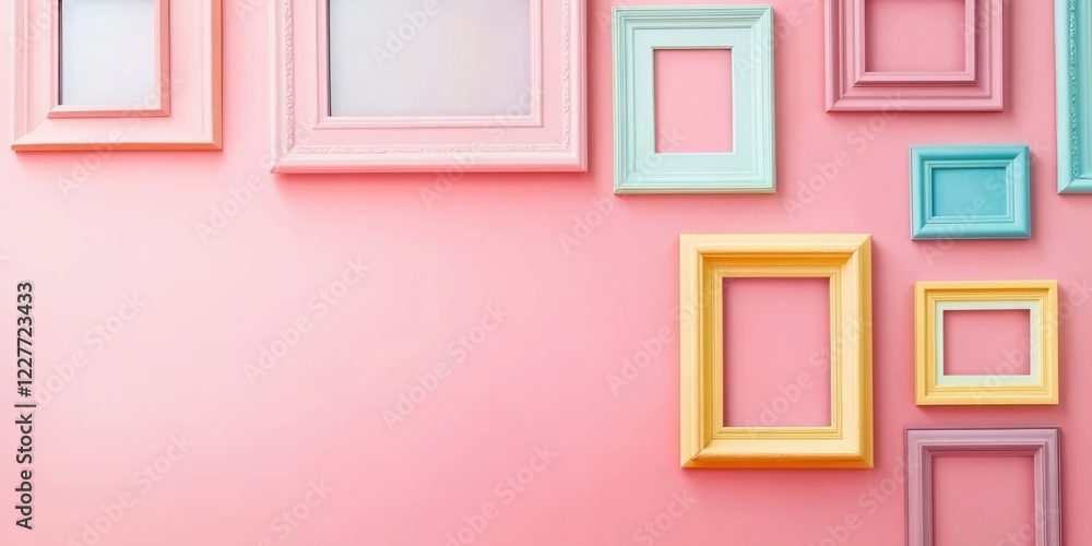 Poster colorful empty picture frames on pastel pink wall creating space for text or art display in home dec