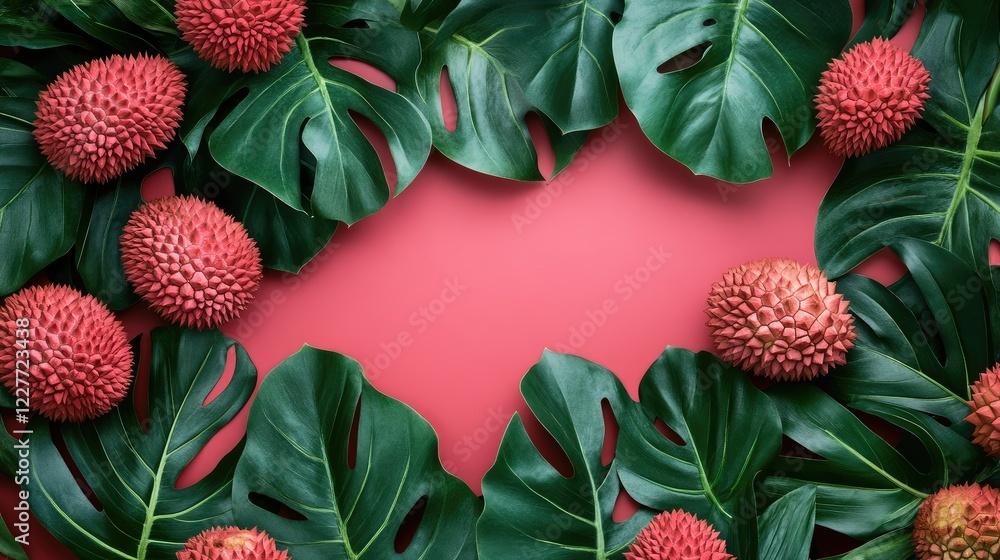 Poster sleek lychee fruits surrounded by monstera leaves on a vibrant coral background creating an elegant 