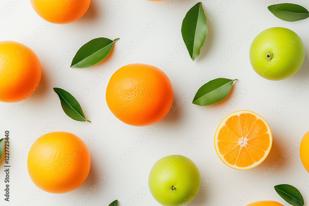 Poster round oranges and green apples, with a halved orange, create a minimalist layout on a white backgrou