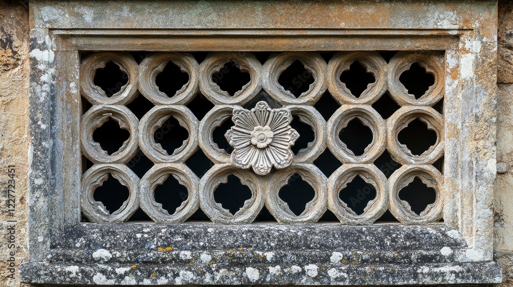 Poster close up view of an ornate stone vent with a geometric pattern of circles and quatrefoils around a c