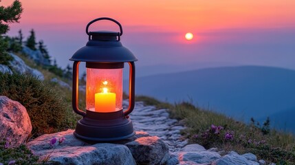 Mountaintop lantern at sunrise, peaceful scene, hiking trail
