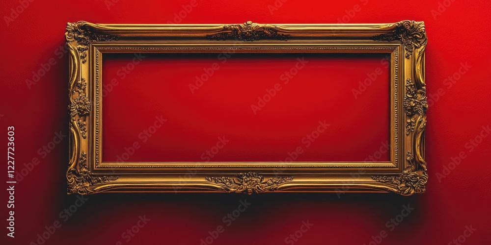 Poster elegant vintage gold picture frame on vibrant red backdrop with ample empty space for customized tex