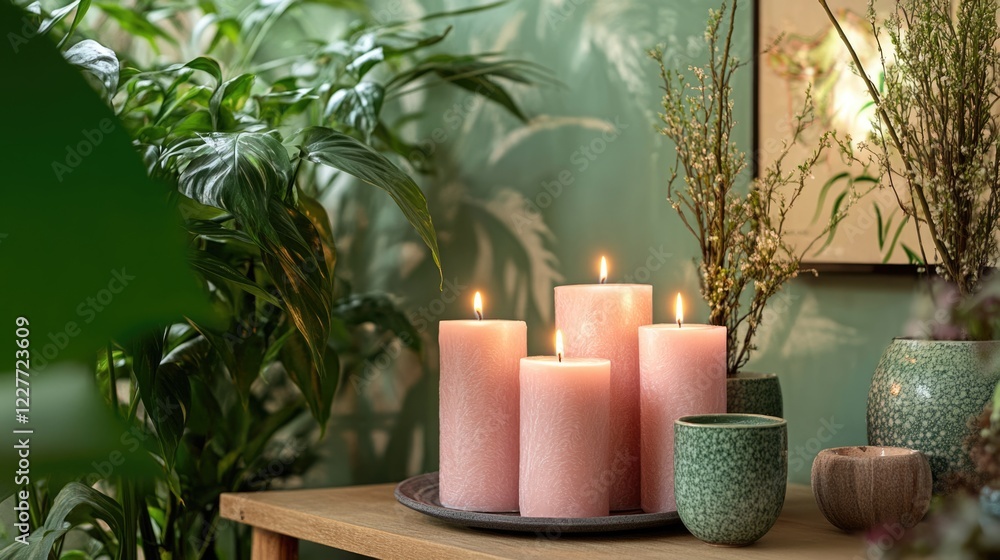Poster Calm spa setting with pink candles and greenery creating a relaxing atmosphere for wellness and tranquility in interior design