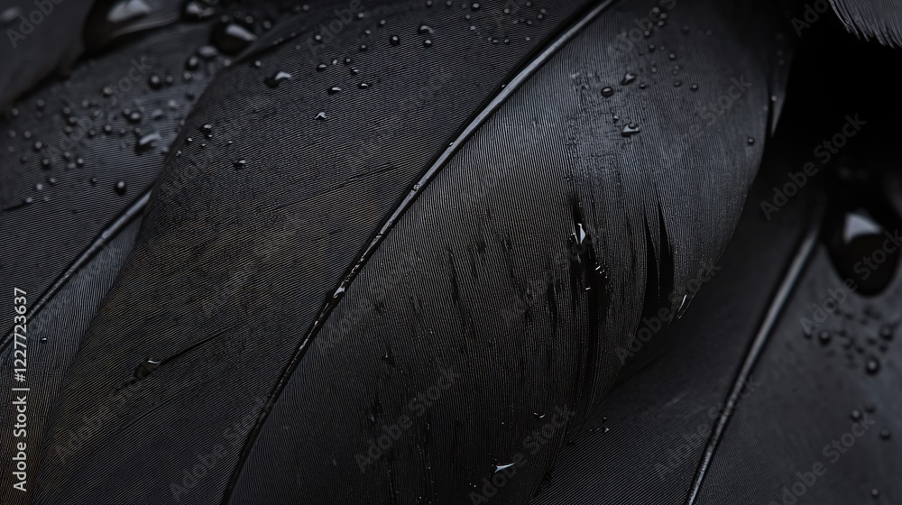 Poster macro close-up of a solid black crow feather with water droplets highlighting its intricate texture 