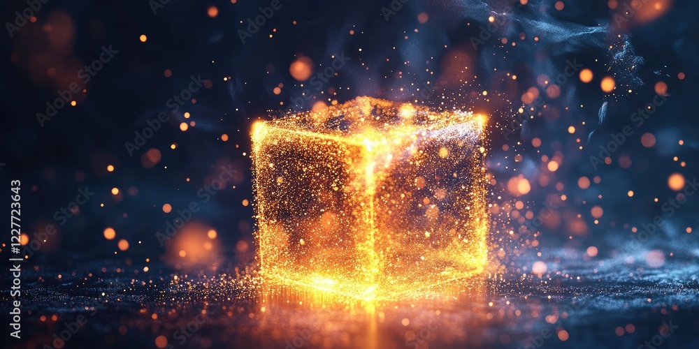 Poster glowing light cube surrounded by swirling particles on dark backdrop with ample space for text or cr
