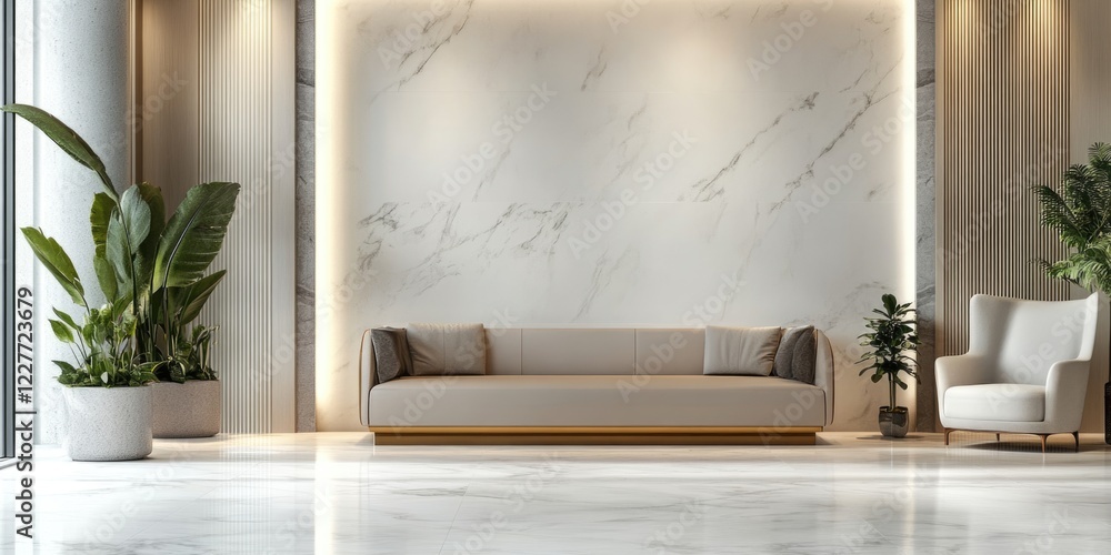 Poster sophisticated hotel lobby design with plush seating, marble walls, and greenery creating an inviting