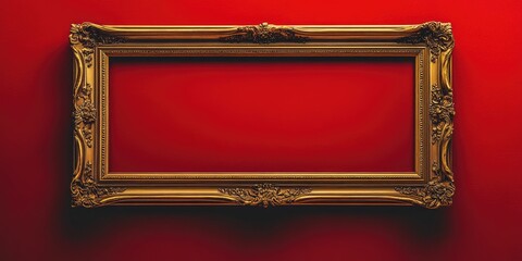 Elegant vintage gold picture frame on vibrant red backdrop with ample empty space for customized text or messaging.