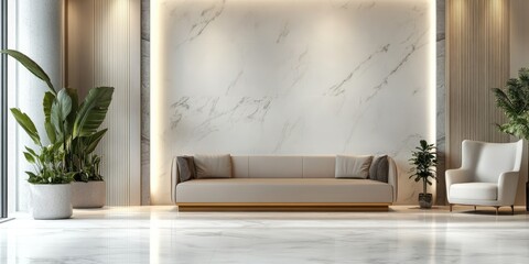 Sophisticated hotel lobby design with plush seating, marble walls, and greenery creating an inviting atmosphere and ample space for customization.