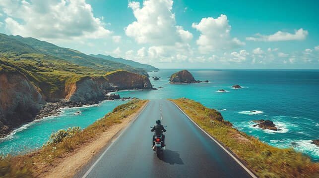 motorcycle rider on coastal road, ocean and mountains in background.