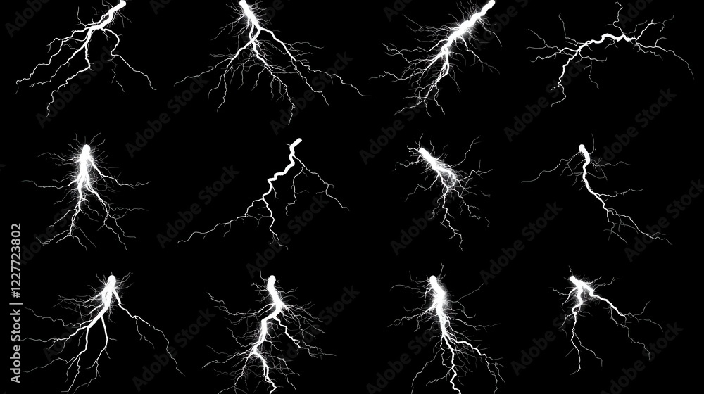 Poster collection of white lightning bolt graphics on a black background. perfect for design projects needi