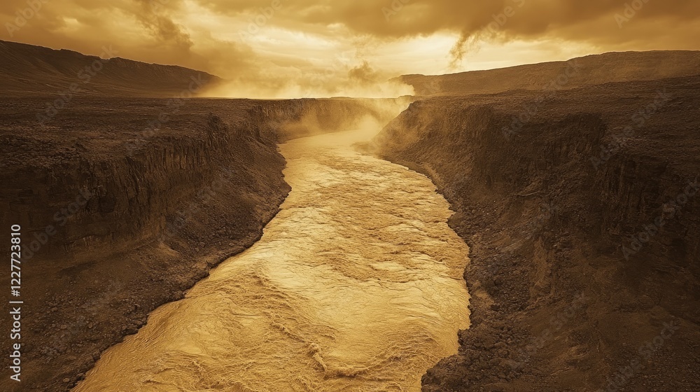 Poster sepia toned river flowing through jagged landscape with steaming elements and flames in dramatic atm