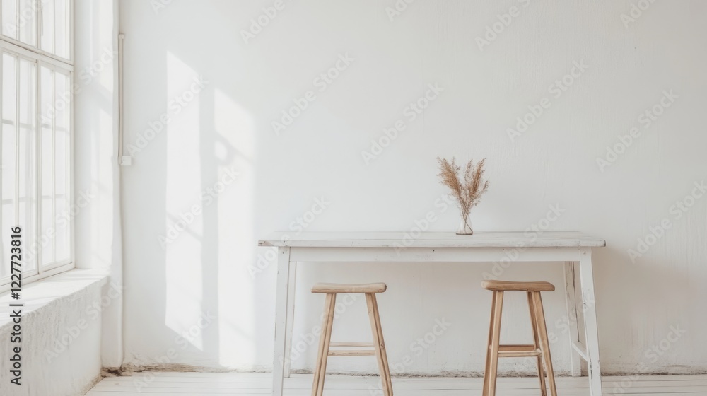 Poster minimalist scandinavian kitchen featuring a rustic white wooden table and two stools with natural li
