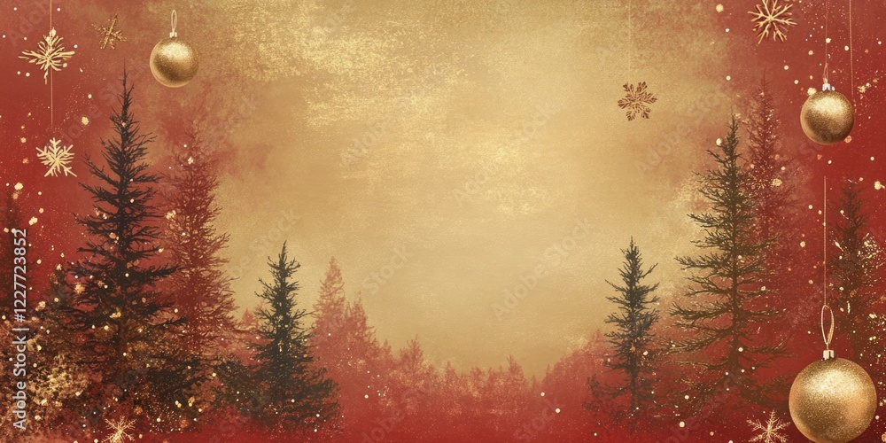 Poster elegant red and gold holiday card design with christmas trees and ornaments featuring ample blank sp