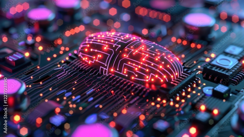 Poster close-up view of a futuristic circuit board resembling a brain with glowing connections and componen