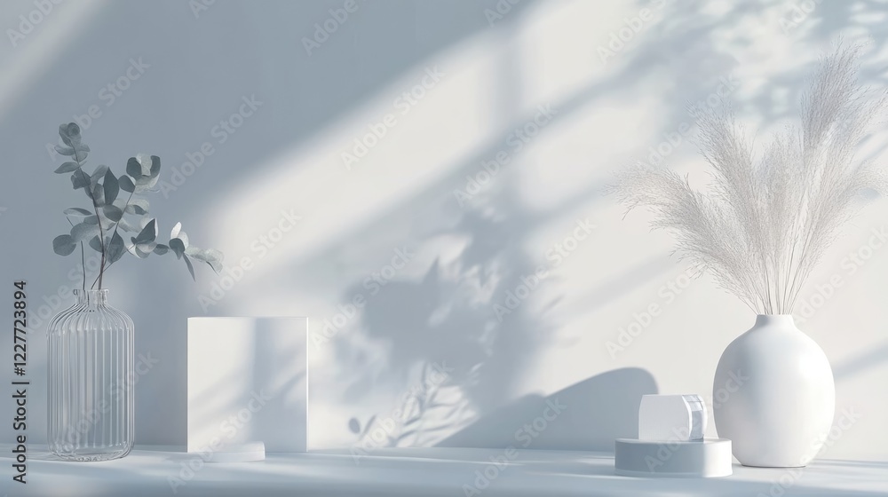 Poster Minimalist Business Workspace with Product Display and Soft Shadows for Creative Mockups and Presentations