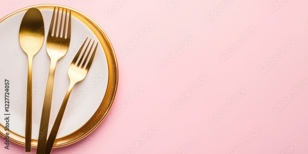 Poster elegant table setting featuring gold cutlery on a soft pink background highlighting a white plate an