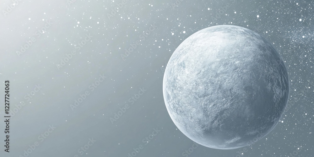 Poster gray celestial planet glowing softly in starlit space with ample room for text and additional design
