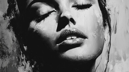 Elegant black and white portrait of a serene woman with artistic brush strokes enhancing her sensual features and emotional depth.