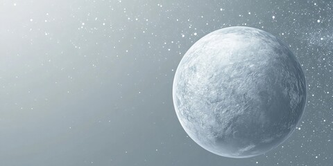 Gray celestial planet glowing softly in starlit space with ample room for text and additional design elements on a minimalist background