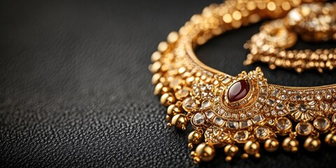 Elegant gold jewelry arrangement with red stone on black background showcasing luxury and style with ample space for text or branding.