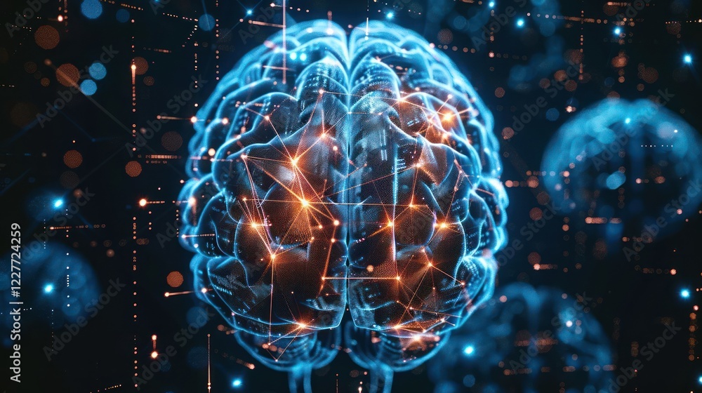 Poster futuristic digital brain visualization with glowing connections and abstract background