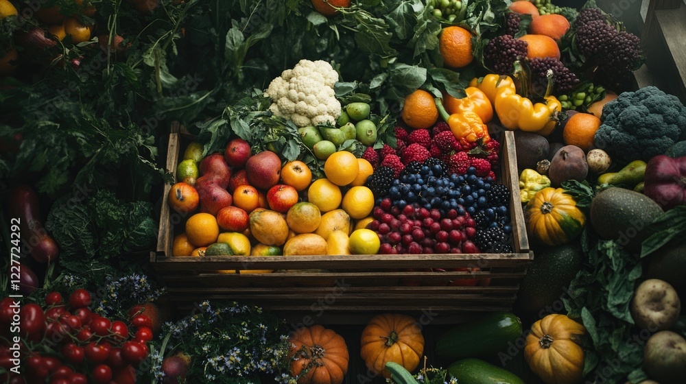 Poster shopping cart overflowing with fresh fruits and vegetables displayed in a vibrant market setting sui