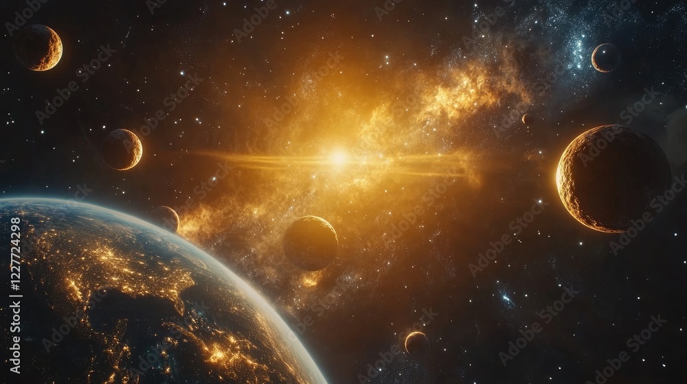 Poster astronomical representation of the solar system showcasing earth surrounded by celestial bodies and 