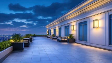 Obraz premium A luxurious hotel with a rooftop terrace, featuring panoramic city views at night.