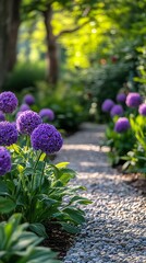 Obraz premium A garden path with purple flowers and pebbles.