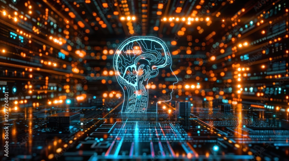 Poster futuristic digital representation of a human brain amidst vibrant data streams and circuitry
