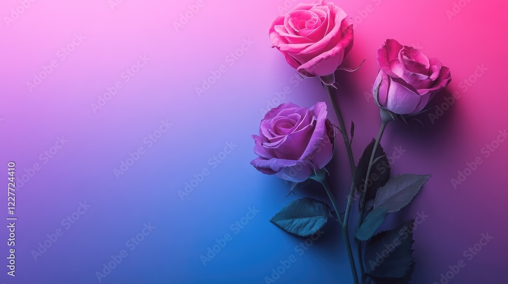Poster elegant purple and pink roses on a soft gradient background for a minimalistic aesthetic design or r