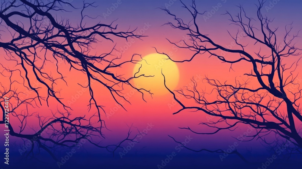 Poster silhouetted bare tree branches against a vibrant dusk sky with a glowing sun and colorful gradient i
