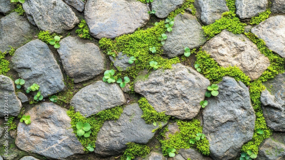 Poster textured macro view of green moss growing on natural stones in soft sunlight highlighting nature's s