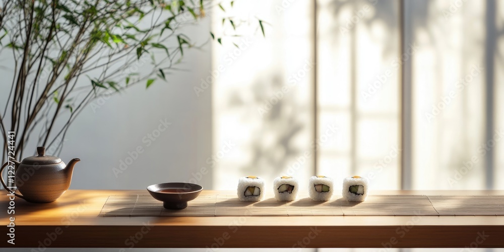Poster elegant japanese dining table with sushi and tea set surrounded by natural light and empty space for